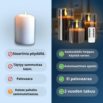 Flamerick-blokkikynttilät – Kaukosäätimellä ja ajastimella. 2 VUODEN TAKUU